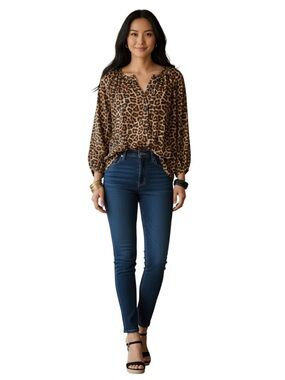 H&M Leopard Print Blouse M Animal Print Boho Flowy Long Sleeve Top